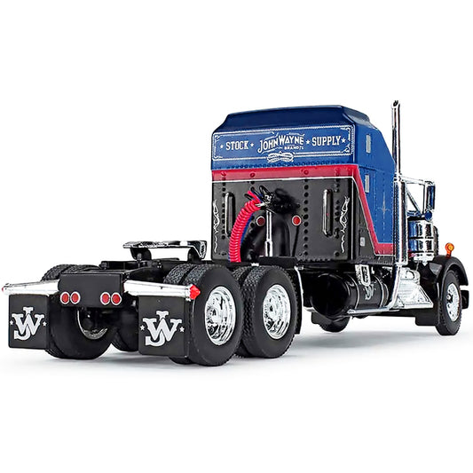 Kenworth W900A Sleeper and Wilson Silverstar Livestock Spread-Axle Trailer Black and Blue with Red Stripes "John Wayne Cattle Co." 1/64 Diecast Model by DCP/First Gear