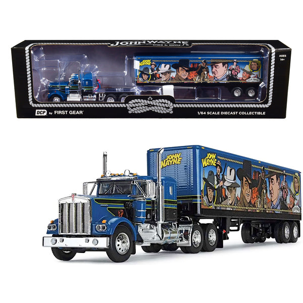 Kenworth W900A with Sleeper and 40' Vintage Trailer "John Wayne: Comic Edition" Blue with Black Stripes 1/64 Diecast Model by DCP/First Gear