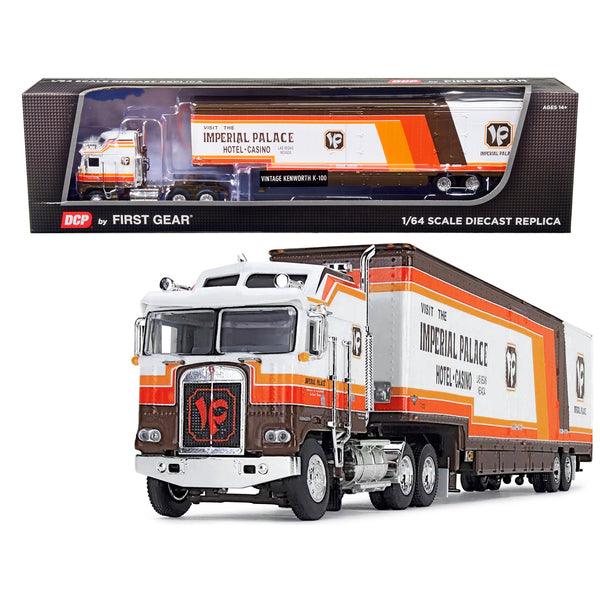 Kenworth K100 COE Aerodyne Sleeper Cab and Kentucky Moving Trailer White and Brown with Stripes "Visit Imperial Palace Hotel and Casino Las Vegas" "Fallen Flag" Series 1/64 Diecast Model by DCP/First Gear