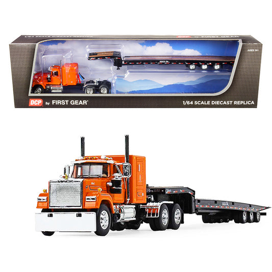 Mack Super-Liner 60" Sleeper Cab Truck with Talbert 5553TA Tri-Axle Trailer Orange and Black 1/64 Diecast Model by DCP/First Gear