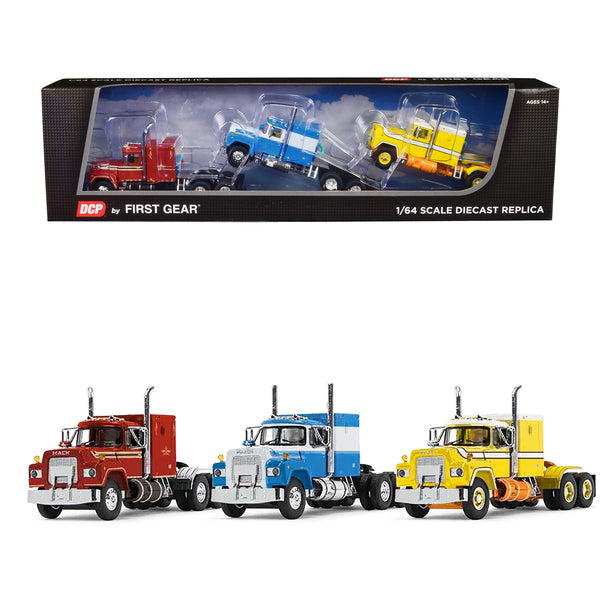 Mack R Sleeper Trio Set of 3 Truck Tractors in Red Blue and Yellow 1/64 Diecast Models by DCP/First Gear