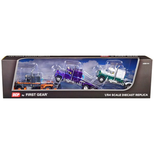 Mack R Sleeper Trio Set of 3 Truck Tractors in Gray Purple and Green 1/64 Diecast Models by DCP/First Gear