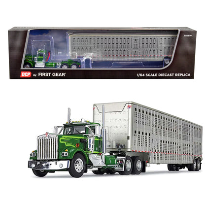 Kenworth W900A Day Cab and Wilson Silverstar Livestock Tandem-Axle Trailer Neon and Dark Green 1/64 Diecast Model by DCP/First Gear