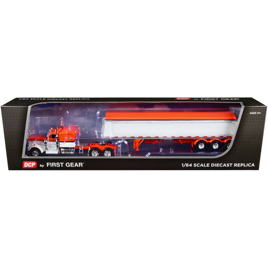 Kenworth W900A with 60" Flat Top Sleeper and Lode King Distinction Tri-Axle Hopper Trailer Orange and Pearl White 1/64 Diecast Model by DCP/First Gear