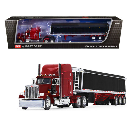 Peterbilt 359 with Mid-Roof Sleeper and Lode King Distinction Tri-Axle Hopper Trailer Spectra Red 1/64 Diecast Model by DCP/First Gear