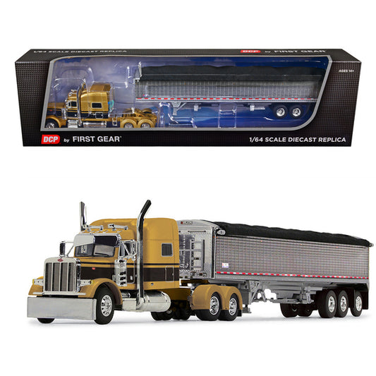 Peterbilt 379 with 70" Mid-Roof Sleeper and Wilson Pacesetter 50' Tri-Axle Grain Trailer Gold with Black Stripes 1/64 Diecast Model by DCP/First Gear