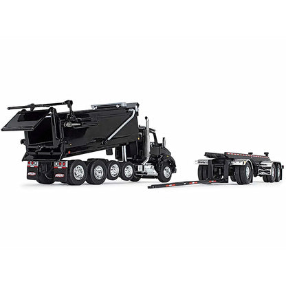 Kenworth T880 Quad-Axle Dump Truck and Rogue Transfer Tandem-Axle Dump Trailer Black 1/64 Diecast Model by DCP/First Gear