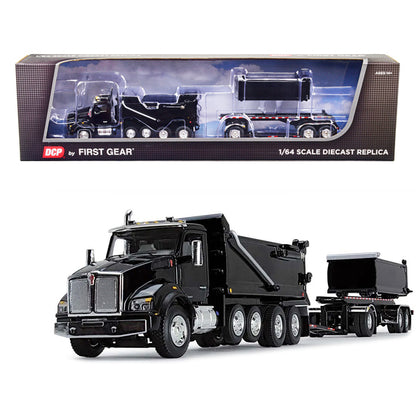 Kenworth T880 Quad-Axle Dump Truck and Rogue Transfer Tandem-Axle Dump Trailer Black 1/64 Diecast Model by DCP/First Gear