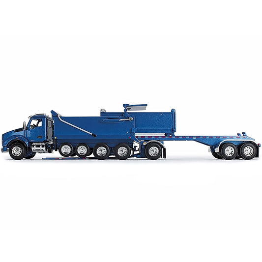 Kenworth T880 Quad-Axle Dump Truck and Rogue Transfer Tandem-Axle Dump Trailer Surf Blue Metallic 1/64 Diecast Model by DCP/First Gear