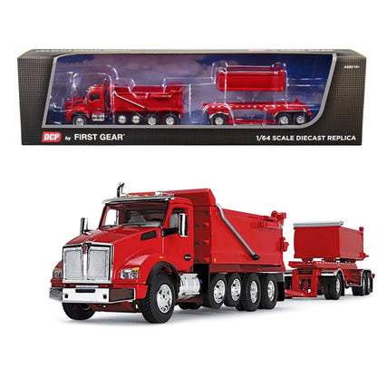 Kenworth T880 Quad-Axle Dump Truck and Rogue Transfer Tandem-Axle Dump Trailer Viper Red 1/64 Diecast Model by DCP/First Gear