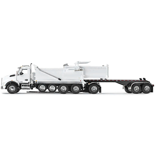 Kenworth T880 Quad-Axle Dump Truck and Rogue Transfer Tandem-Axle Dump Trailer Viper White 1/64 Diecast Model by DCP/First Gear