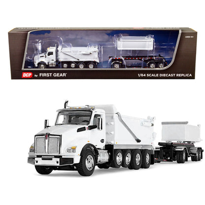 Kenworth T880 Quad-Axle Dump Truck and Rogue Transfer Tandem-Axle Dump Trailer Viper White 1/64 Diecast Model by DCP/First Gear