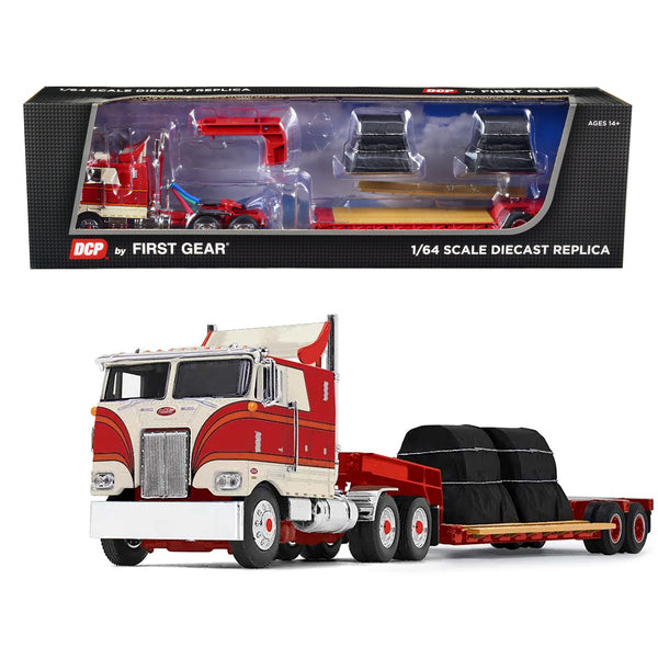 Peterbilt 352 COE 110" Sleeper with Turbo Wing and Rogers Vintage Lowboy Trailer with Coil Load Cream and Red 1/64 Diecast Model by DCP/First Gear