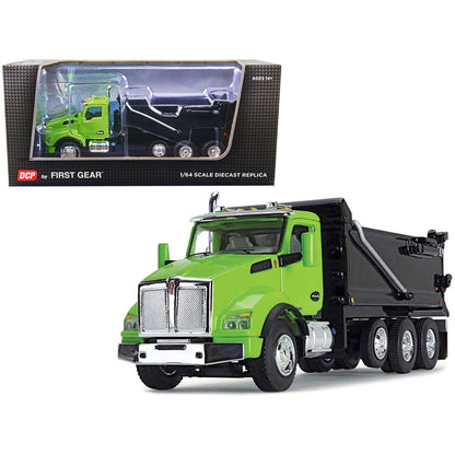 Kenworth T880 Day Cab with Rogue Transfer Dump Body Truck Lime Green and Black 1/64 Diecast Model by DCP/First Gear