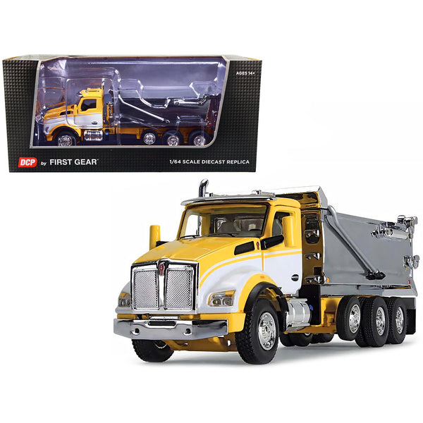 Kenworth T880 Day Cab with Rogue Transfer Dump Body Truck Yellow with White and Chrome 1/64 Diecast Model by DCP/First Gear