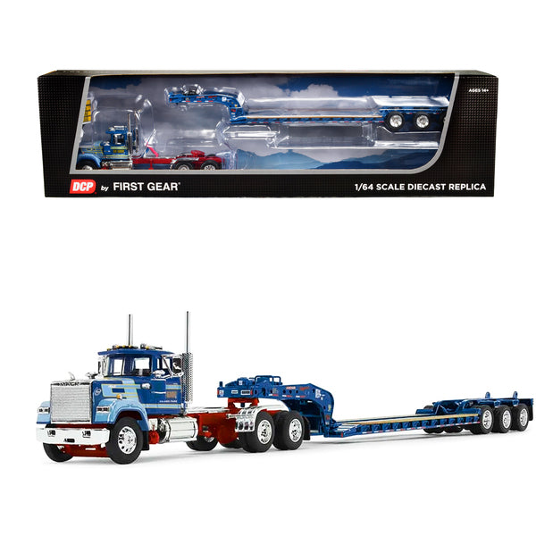 Mack Super-Liner Day Cab and Fontaine Magnitude Tri-Axle Lowboy Trailer "Sid Kamp" Blue 1/64 Diecast Model by DCP/First Gear