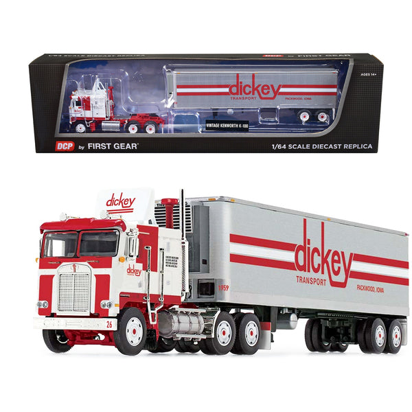 Kenworth K100 COE with 40' Vintage Refrigerated Trailer "Dickey Transport" White and Red 1/64 Diecast Model by DCP/First Gear