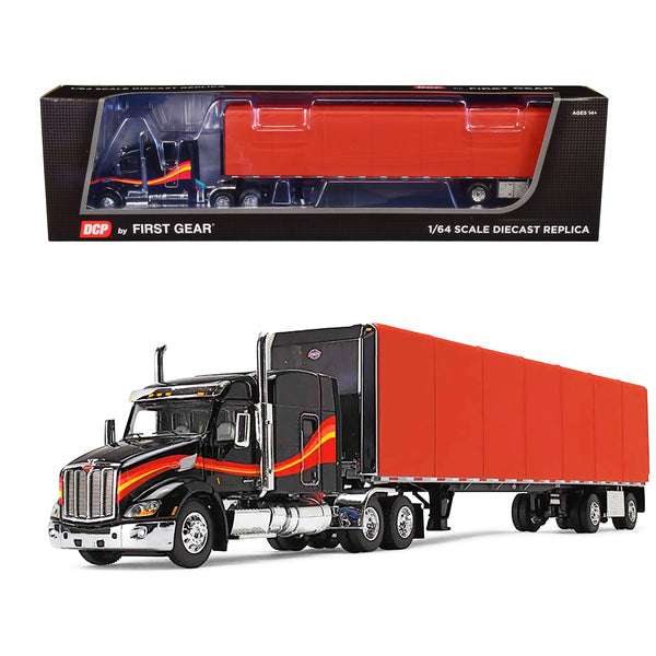 Peterbilt 579 with 72" Mid-Roof Sleeper and 53' Utility RollTarp Trailer Black and Red 1/64 Diecast Model by DCP/First Gear