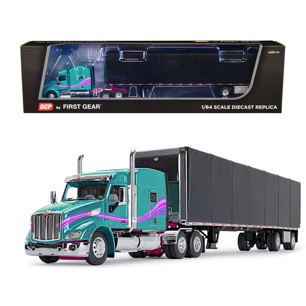 Peterbilt 579 with 72" Mid-Roof Sleeper and 53' Utility RollTarp Trailer Teal and Black with Purple Stripes 1/64 Diecast Model by DCP/First Gear