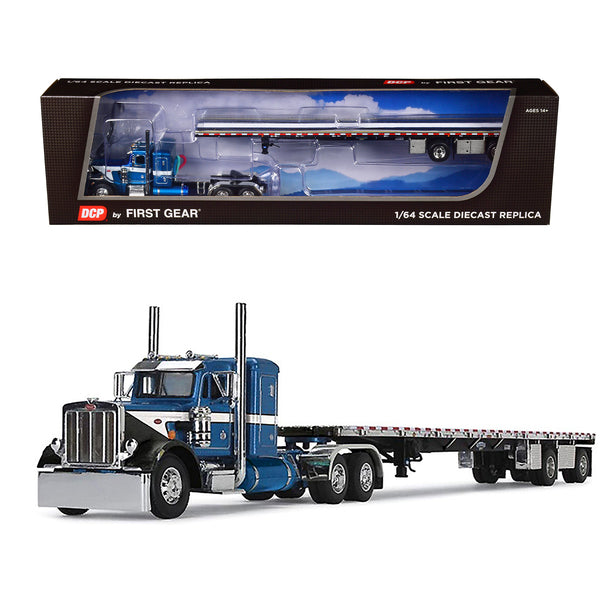 Peterbilt 359 with 36" Flat Top Sleeper and Wilson Roadbrute 53' Flatbed Spread-Axle Trailer Blue Metallic with White Stripes 1/64 Diecast Model by DCP/First Gear