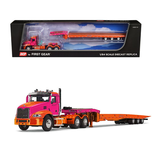 Mack Pinnacle Day Cab with Aftermarket Minimizer Parts and Talbert 5553TA Traveling-Axle Trailer Orange and Fuchsia 1/64 Diecast Model by DCP/First Gear