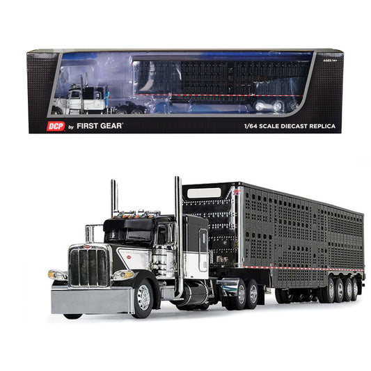 Peterbilt 389 with 63" Flat Top Sleeper and Wilson Silverstar Livestock Trailer Black and White 1/64 Diecast Model by DCP/First Gear