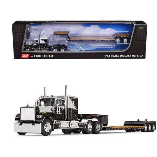 Mack Super-Liner with 60" Flat Top Sleeper &  Fontaine Renegade LXT40 Lowboy Trailer with Flip Axle Black and Gray 1/64 Diecast Model by DCP/First Gear