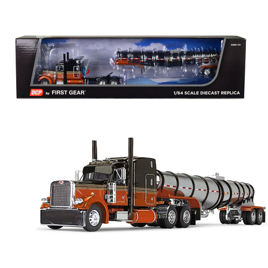 Peterbilt 379 with 63" Mid-Roof Sleeper and Polar Deep Drop Tank Trailer Burnt Orange and Black 1/64 Diecast Model by DCP/First Gear