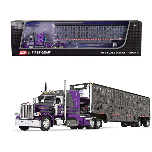 Peterbilt 389 with 63" Mid-Roof Sleeper and Wilson Silverstar Livestock Trailer Purple and Gunmetal Gray 1/64 Diecast Model by DCP/First Gear