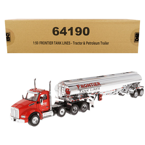 Kenworth T880 SBFA Tandem Day Cab Truck with Pusher Axle and Heil FD9300/DT-C4 Petroleum Tanker Trailer "Frontier Tank Lines" Red and Chrome "Transport Series" Limited Edition to 500 pieces Worldwide 1/50 Diecast Model by Diecast Masters