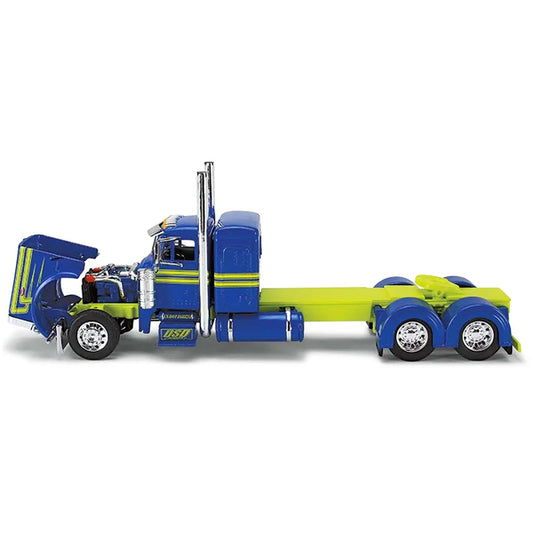 Peterbilt 379 with 36" Flat Top Sleeper and 53' Utility Roll Tarp Trailer "DSD Transport" Blue and Yellow "Big Rigs" Series 1/64 Diecast Model by DCP/First Gear