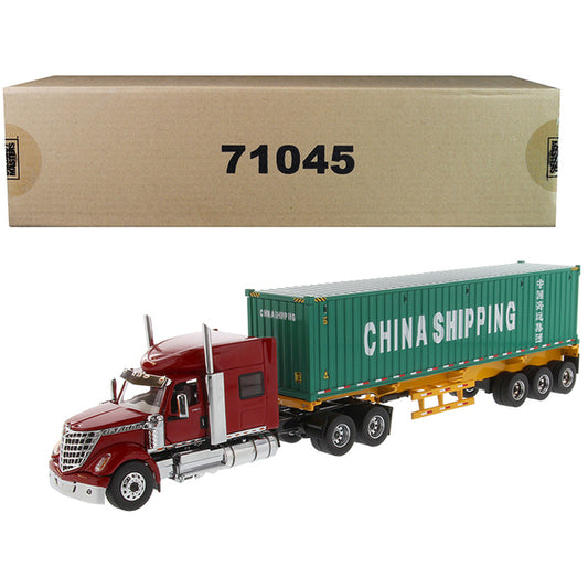 International LoneStar Sleeper Cab Red with Skeleton Trailer and 40' Dry Goods Sea Container "China Shipping" Green "Transport Series" 1/50 Diecast Model by Diecast Masters