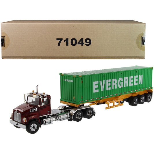 Western Star 4700 SB Tandem Truck Tractor Metallic Red with Skeleton Trailer and 40' Dry Goods Sea Container "EverGreen" "Transport Series" 1/50 Diecast Model by Diecast Masters