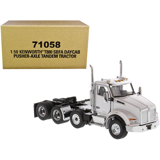 Kenworth T880 SBFA Day Cab Pusher-Axle Tandem Truck Tractor White Metallic 1/50 Diecast Model by Diecast Masters