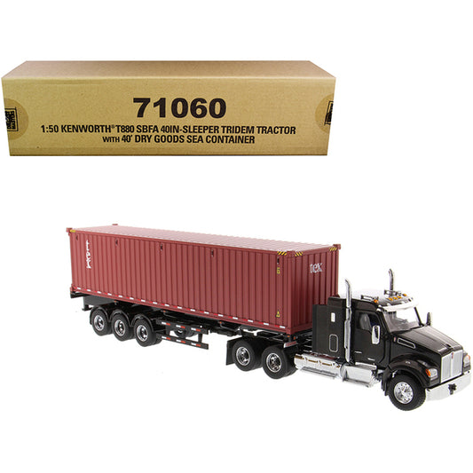 Kenworth T880 SBFA 40" Sleeper Cab Tridem Truck Tractor Black Metallic with Flatbed Trailer and 40' Dry Goods Sea Container "TEX" "Transport Series" 1/50 Diecast Model by Diecast Masters