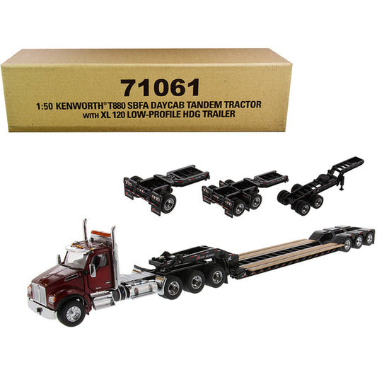 Kenworth T880 SBFA Day Cab Tandem Tractor with XL 120 Low-Profile HDG Trailer with 2 Boosters and Jeep Radiant Red and Black "Transport Series" 1/50 Diecast Model by Diecast Masters