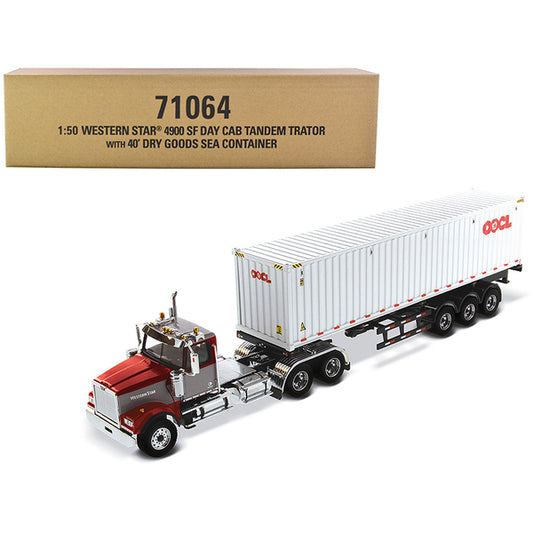 Western Star 4900 SF Tandem Day Cab Truck Tractor Red and Gray with 40' Dry Goods Sea Container "OOCL" White "Transport Series" 1/50 Diecast Model by Diecast Masters