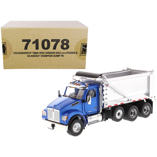 Kenworth T880S SFFA Tandem Axle with Pusher Axle OX Stampede Dump Truck Blue and Chrome "Transport Series" 1/50 Diecast Model by Diecast Masters