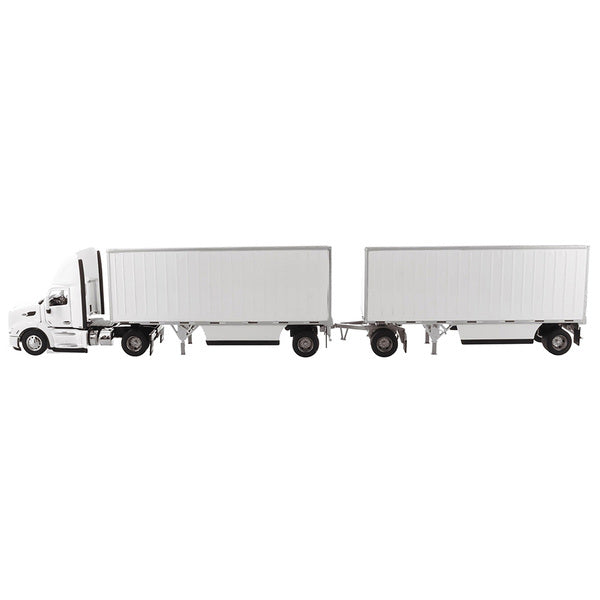 Peterbilt 579 Single Axle Day Cab with Two Wabash 28' Pup Trailers White "Transport Series" 1/50 Diecast Model by Diecast Masters