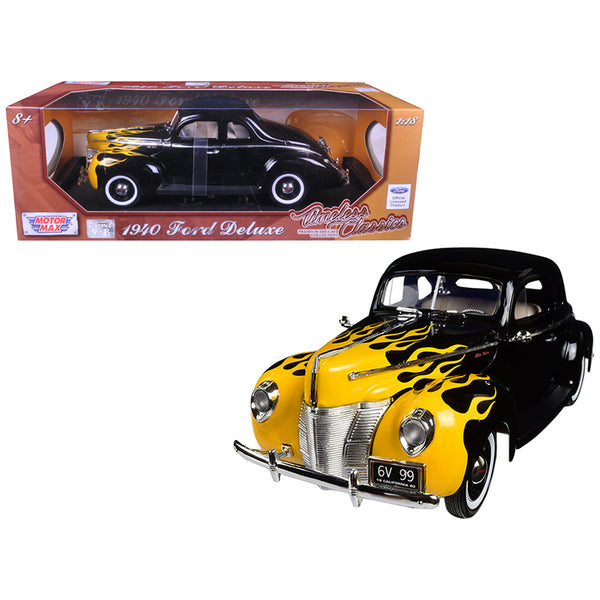 1940 Ford Deluxe Black with Yellow Flames "Timeless Classics" 1/18 Diecast Model Car by Motormax