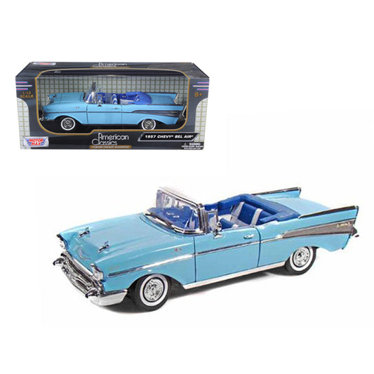 1957 Chevrolet Bel Air Convertible Light Blue with Blue Interior 1/18 Diecast Model Car by Motormax