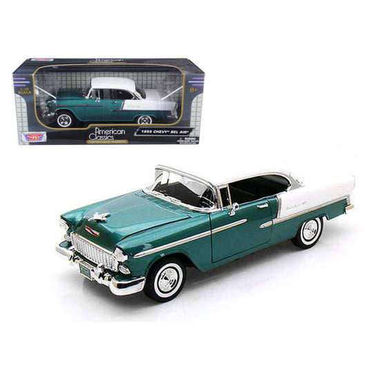 1955 Chevrolet Bel Air Hard Top Green Metallic and White 1/18 Diecast Model Car by Motormax