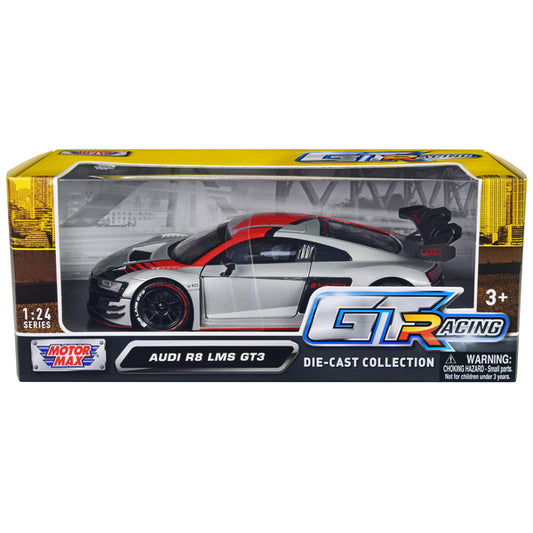 Audi R8 LMS GT3 Silver Metallic with Graphics "GT Racing" Series 1/24 Diecast Model Car by Motormax