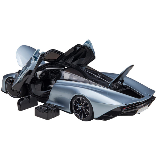 McLaren Speedtail Frozen Blue Metallic with Black Top and Suitcase Accessories 1/18 Model Car by Autoart