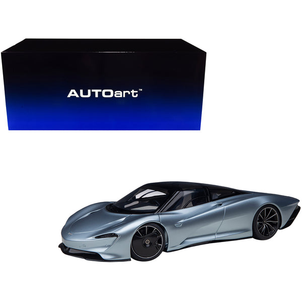 McLaren Speedtail Frozen Blue Metallic with Black Top and Suitcase Accessories 1/18 Model Car by Autoart