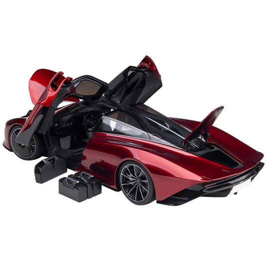 McLaren Speedtail Volcano Red Metallic with Black Top and Suitcase Accessories 1/18 Model Car by Autoart