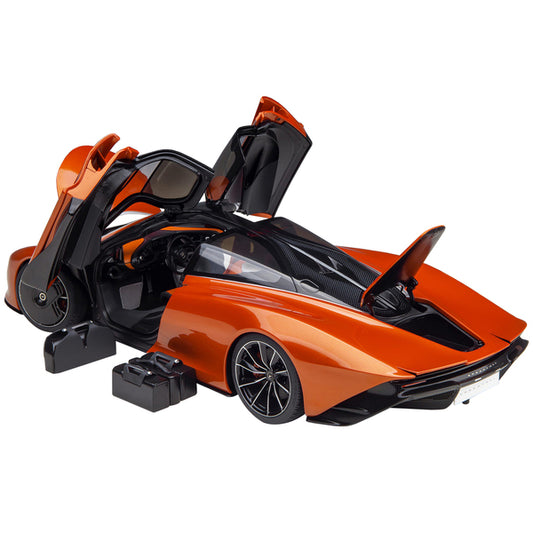 McLaren Speedtail Volcano Orange Metallic with Black Top and Suitcase Accessories 1/18 Model Car by Autoart