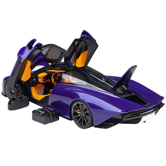 McLaren Speedtail Lantana Purple Metallic with Black Top and Yellow Interior and Suitcase Accessories  1/18 Model Car by Autoart