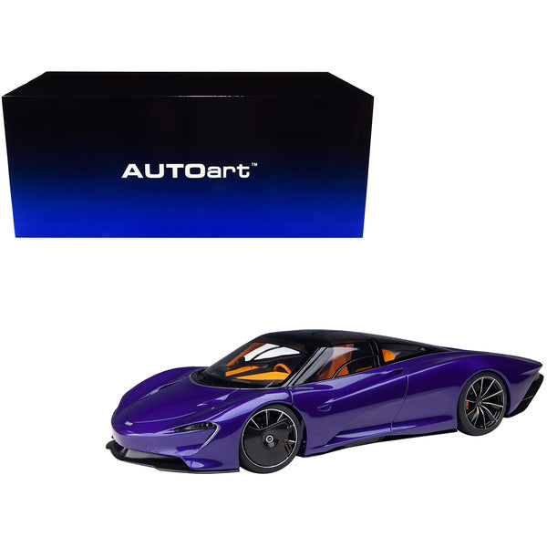 McLaren Speedtail Lantana Purple Metallic with Black Top and Yellow Interior and Suitcase Accessories  1/18 Model Car by Autoart