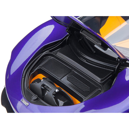 McLaren Speedtail Lantana Purple Metallic with Black Top and Yellow Interior and Suitcase Accessories  1/18 Model Car by Autoart